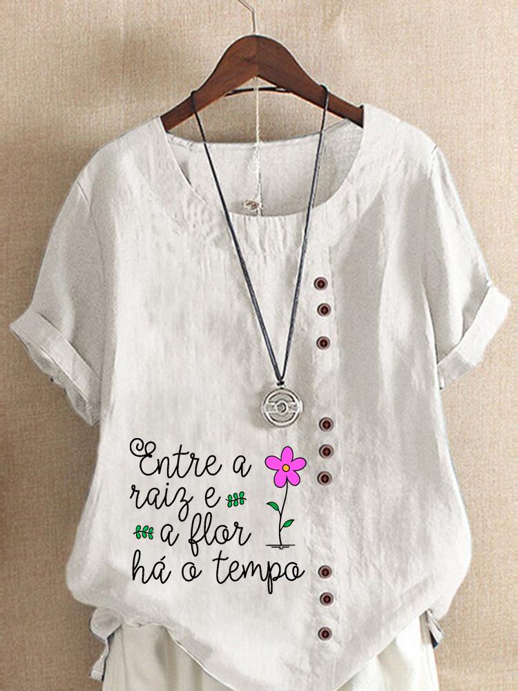 Women's Fashion Letter Print Casual Cotton Linen Short Sleeve Round Neck T-shirt Shirt Leisure Loose Summer Blouse Tops