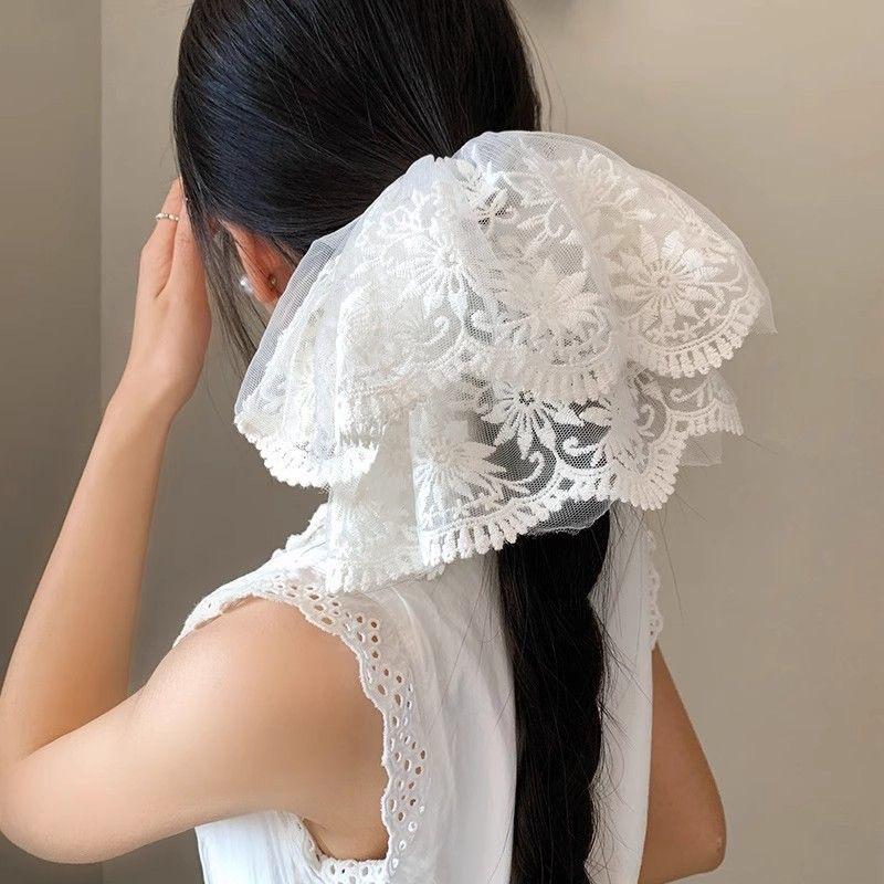 Korean Princess Style White Lace Mesh Scrunchie Oversized Luxury Hair Accessory for Women