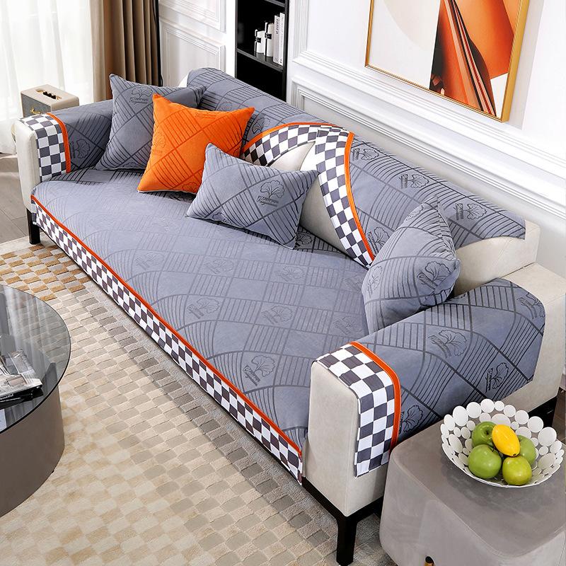Nordic Luxury Sofa Covers Cushion L Shape Leather Couch Cover Black White Squares Edging Non-slip Back Towel for Living Room