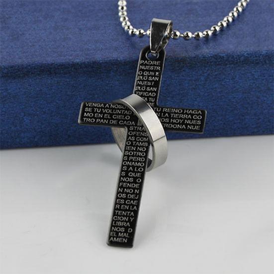 Men Stainless Steel Prayer Cross Ring Pendant Ball Chain Punk Necklace Jewelry