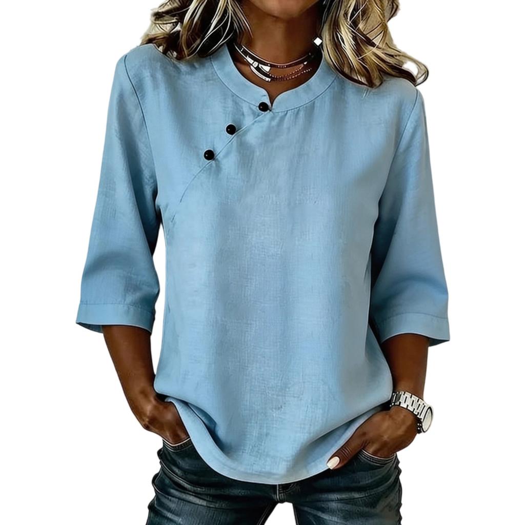 Women’s Loose Fit Lightweight Crew Neck Blouse with Decorative Button and Half Sleeves Casual Tunic Top