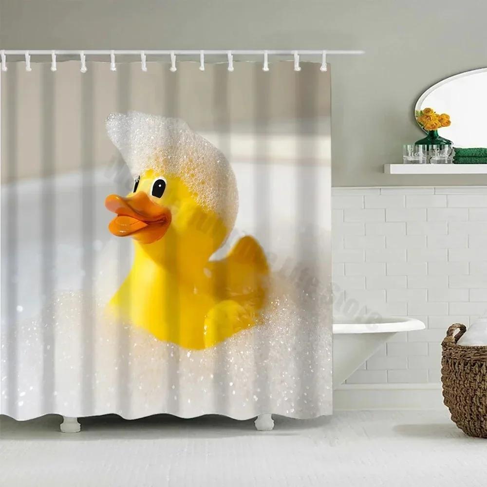 Cute Little Yellow Duck Shower Curtain Cartoon Funny Smiley Face Bathroom Waterproof Bath Duck Fabric 12 Hooks Bathroom Decor