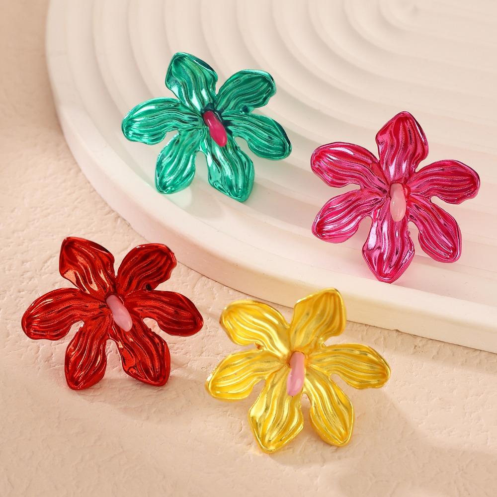 Retro Exaggerated Colored Pink Green Stereo Flowers Adjustable Opening Ring for Personality Creative Women Jewelry Gifts