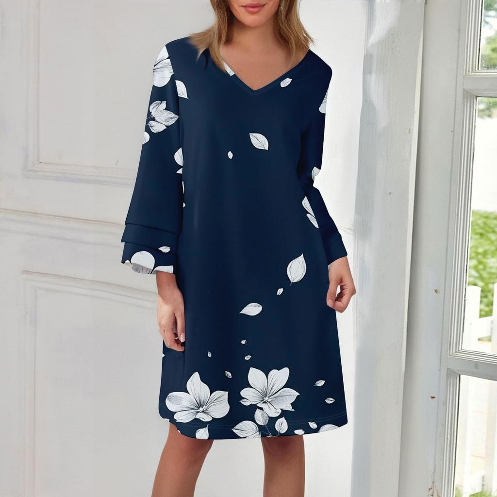 Women's  Fashion V-neck Solid Color Large Size Loose Long Large Swing 3/4 Sleeved Dress