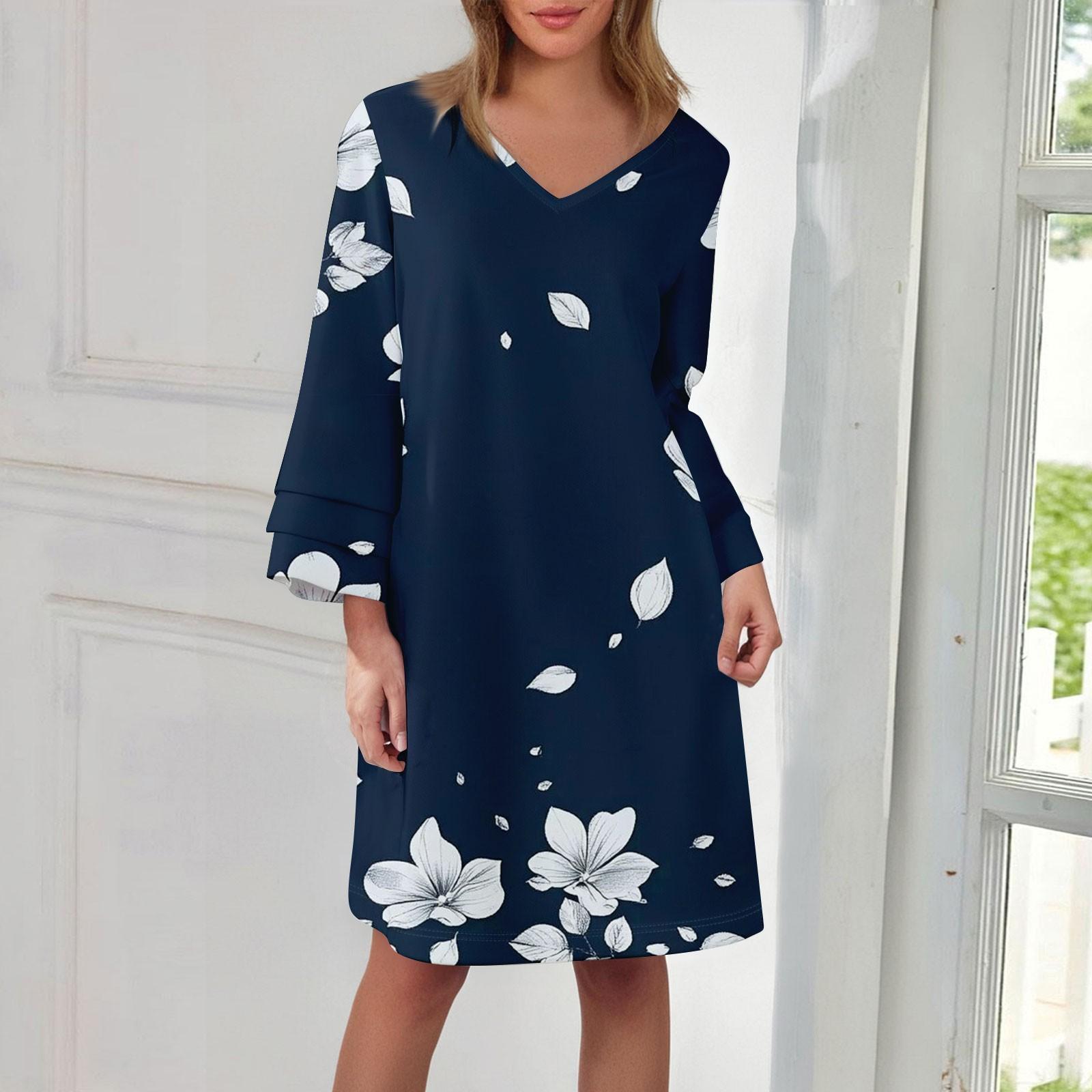 

Женское модное платье с V-образным вырезом, однотонное, большого размера, свободное, длинное, с большим клешем, с рукавами 3/4 XXL тёмно-синий