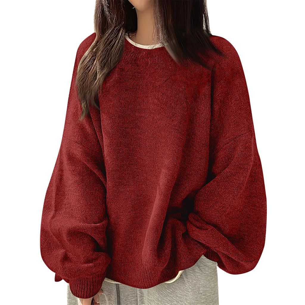 Women's Fashion Casual Loose Pullover Solid Color Round Neck Long Sleeve Knit Sweater