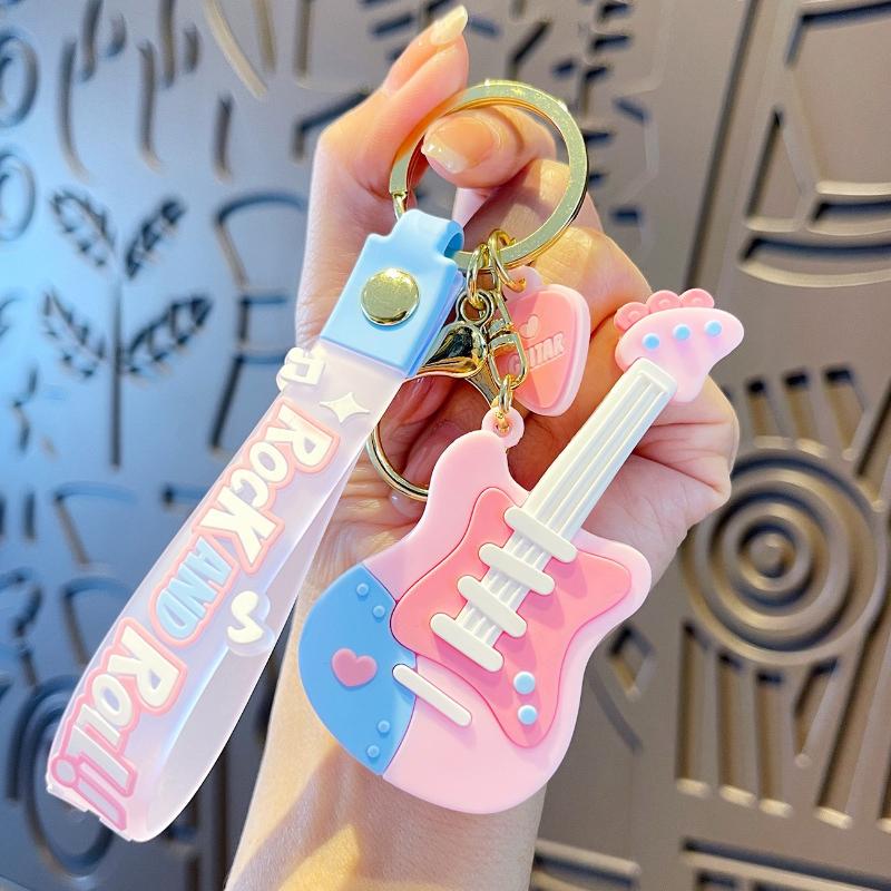 Cute Cartoon Guitar Shaped Silicone Keychain With Wrist Strap Pastel Design For Bag Decor Gifts For Music Lovers