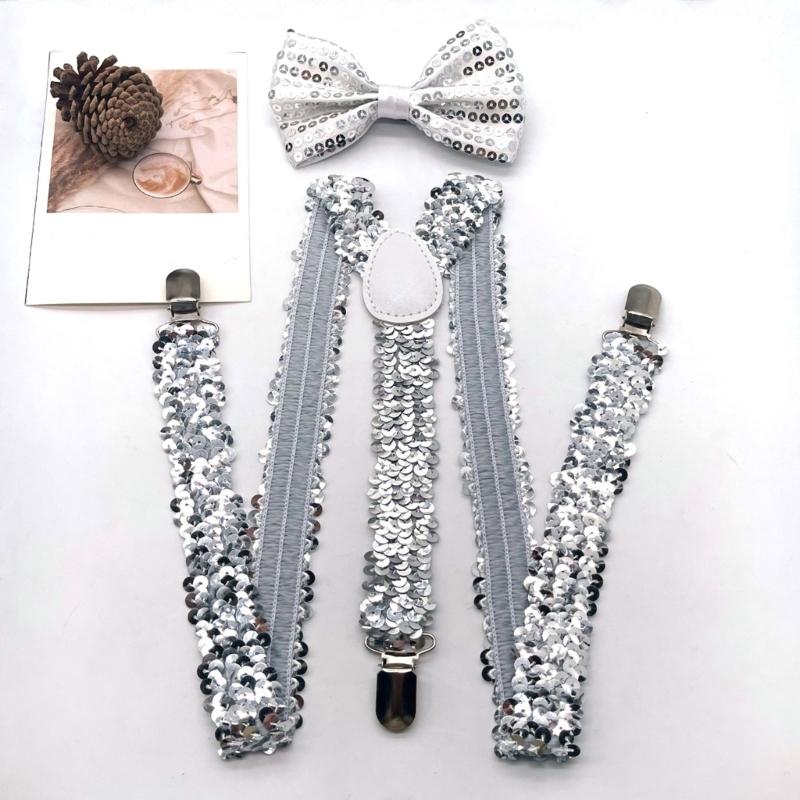 Popular Sequins Suspenders and Bowtie Set for Male with Metal Clip Weddings and Theme Parties Costume Neckwear Accessory