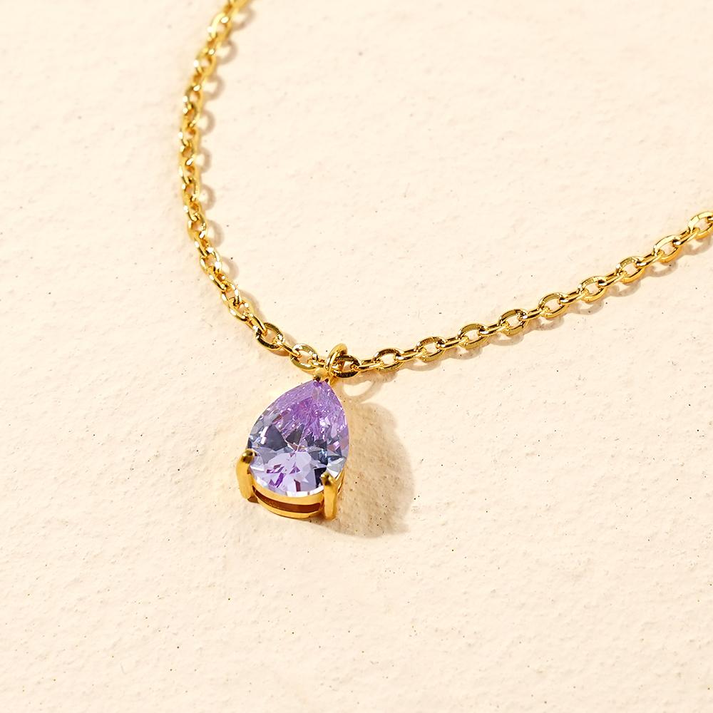 Dainty Birth Stone Jewelry Gift 18k Gold Plated Stainless Steel Zircon Water Drop Teardrop Pendant Birthstone Necklace for Women