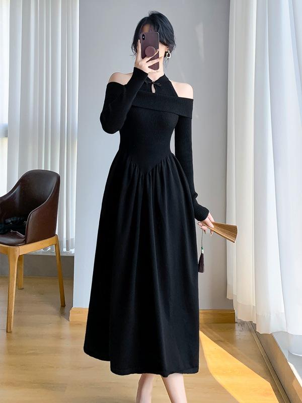 

Autumn/Winter Chinese-Style Cheongsam Dress with Faux Two-Piece Coat for Women Large чорний
