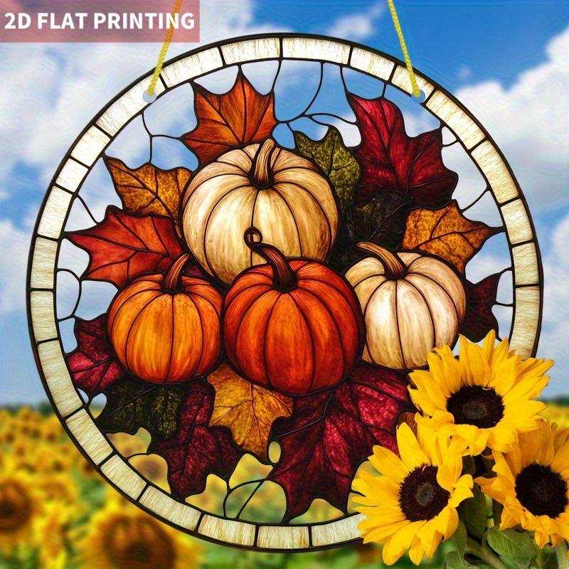 1pc Autumn Pumpkin Sun Catcher - Round Acrylic Stained Glass Style Window Hanging Decor with Pumpkins, Four Seasons Decoration, Novelty Home Decor