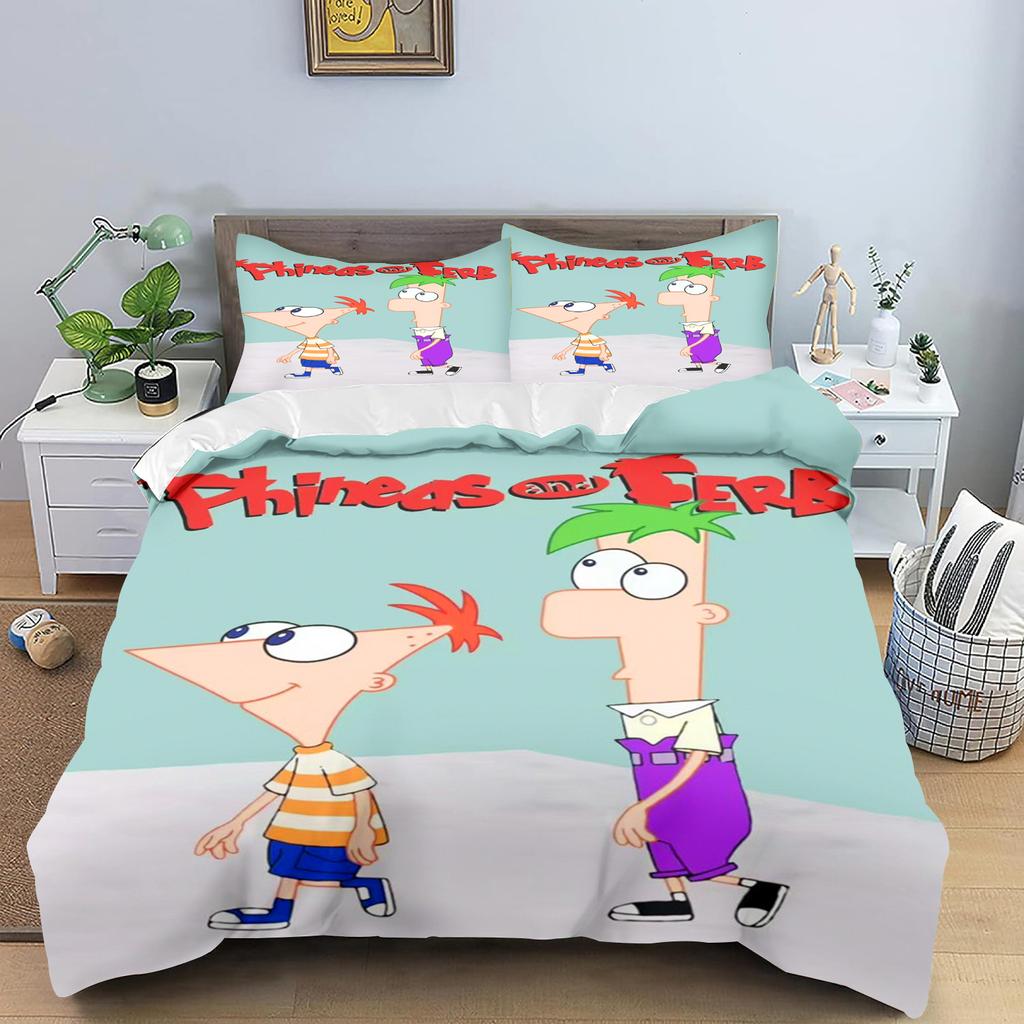 Phineas and Ferb Quilt Cover Cartoon Printed Polyester Duvet for Children Bedroom Anime Cozy Room Bedding Various Sizes