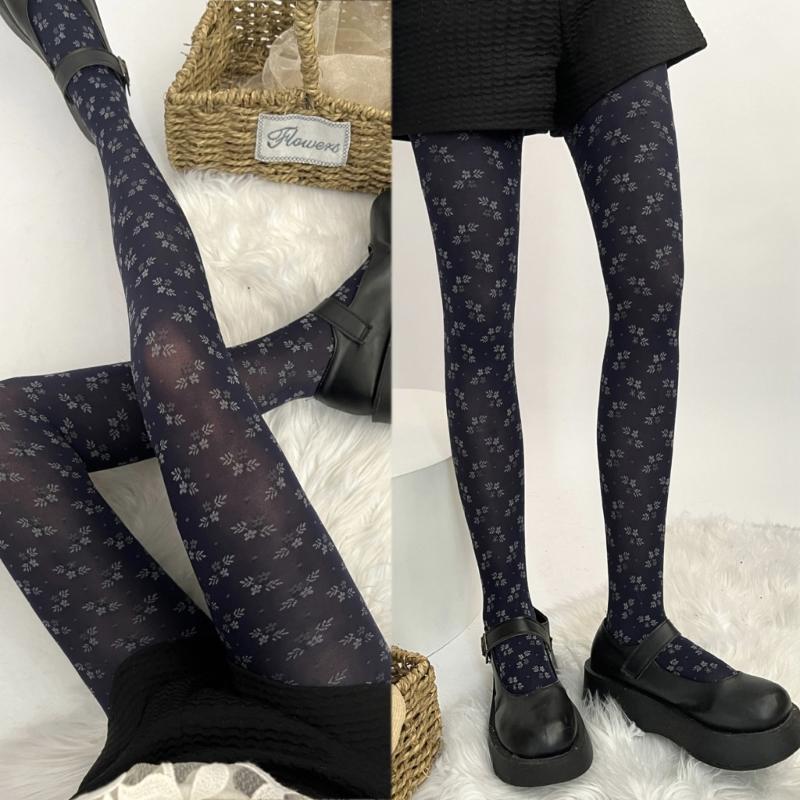Women Japanese Style JK Vintage Floral Pattern Tights Winter Fall Sweet Girl Jacquard Silky Pantyhose Stockings Leggings