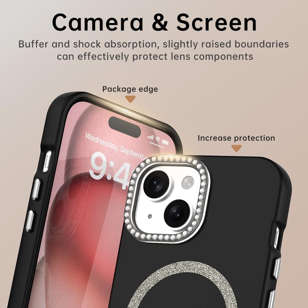 For iPhone 15 Case Compatible with MagSafe TPU+PET Phone Cover with Rhinestone Decor Lens Frame