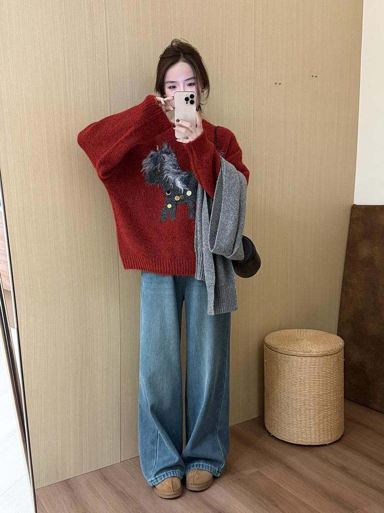 Women's Red Round Neck Pony Hair Sweater with Sequined Inner Layer - 2025 New Year Style Winter Knitwear.