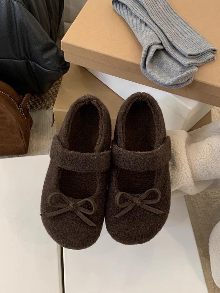 [Uncle Shoes] Woolen flat bottom round head French small fragrant wind Mao Mao shoes women's Mary Jane shoes 2025 autumn and winter cotton shoes women