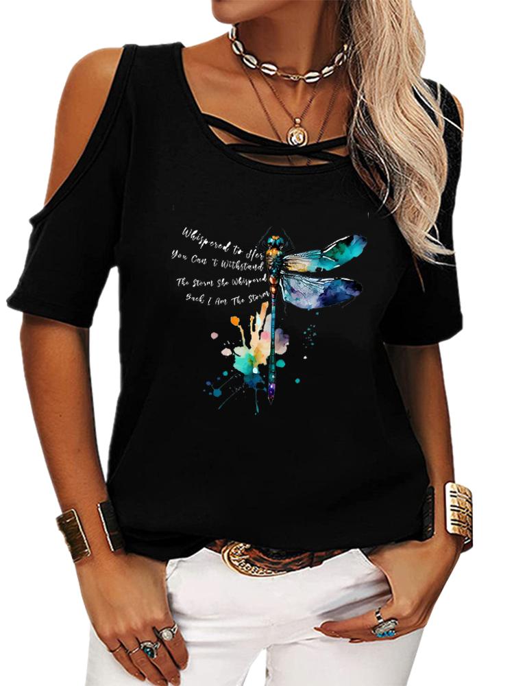 Damski Modny T-shirt z Krótkim Rękawem Casualowy Okrągły Dekolt Letnia Koszulka z Nadrukiem Top Odkryty z Ramion