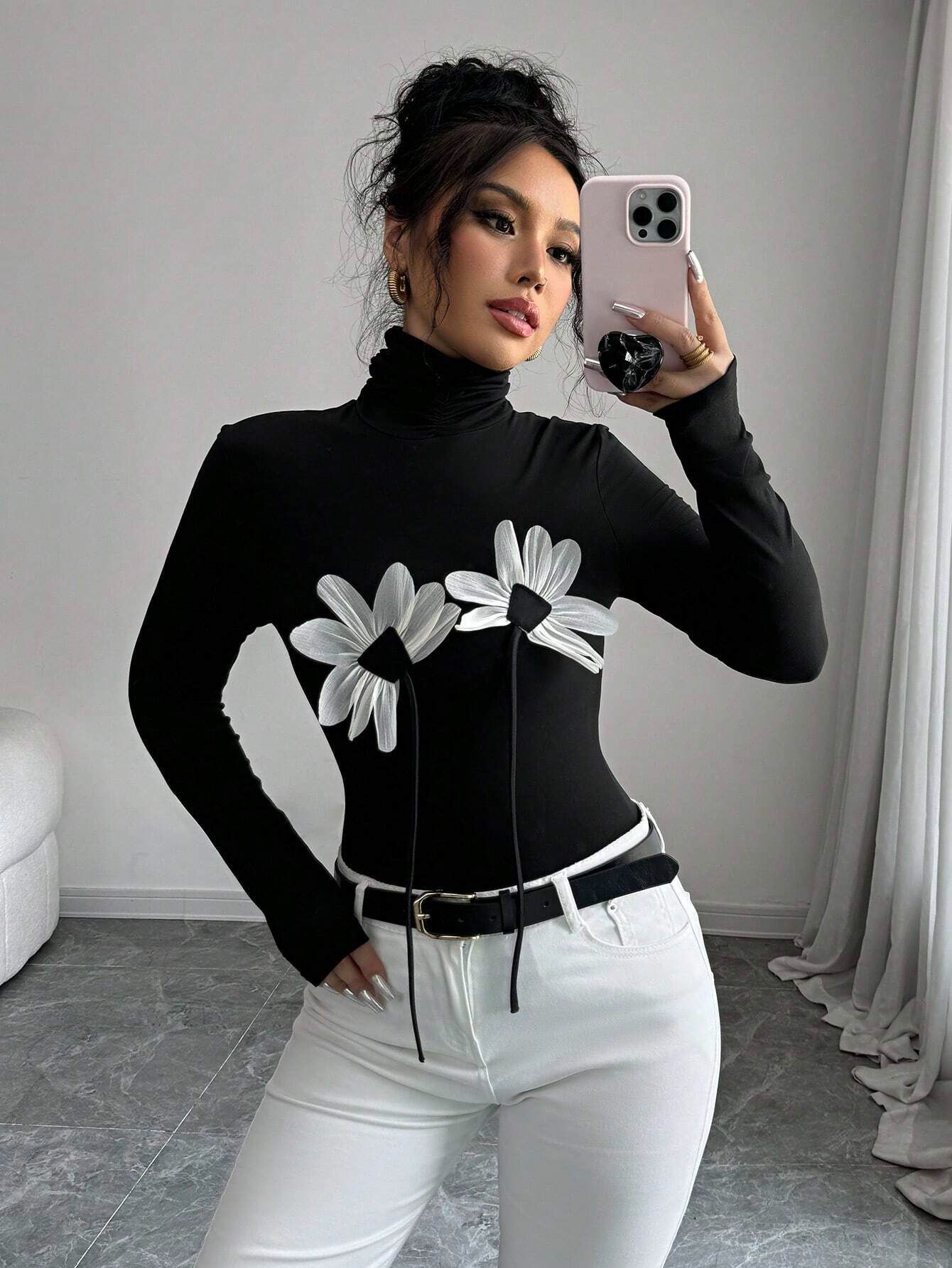 

Autumn Women s Black Sexy High Neck Floral Applique Long Sleeve Slim Fit T Shirt Top Women Fashion Daily Basic Casual Slim Fit Ladies Elegant Top S чёрный