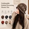 Drawstring Roll Brim Slouchy Hat Fair Isle Pattern Beanie Vintage Knit Beanie  For Women