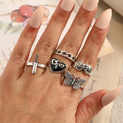 Vintage Silberfarbener Ring für Damen Herren Schmetterling Pilz Engel Kreuz Punk Gothic Ring für Teenager Modeschmuck
