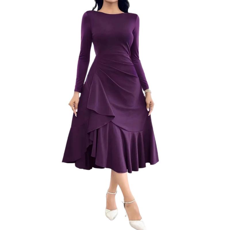 Women's Elegant Round Neck Knit Long Sleeve Dress - Spring & Autumn Evening Gown