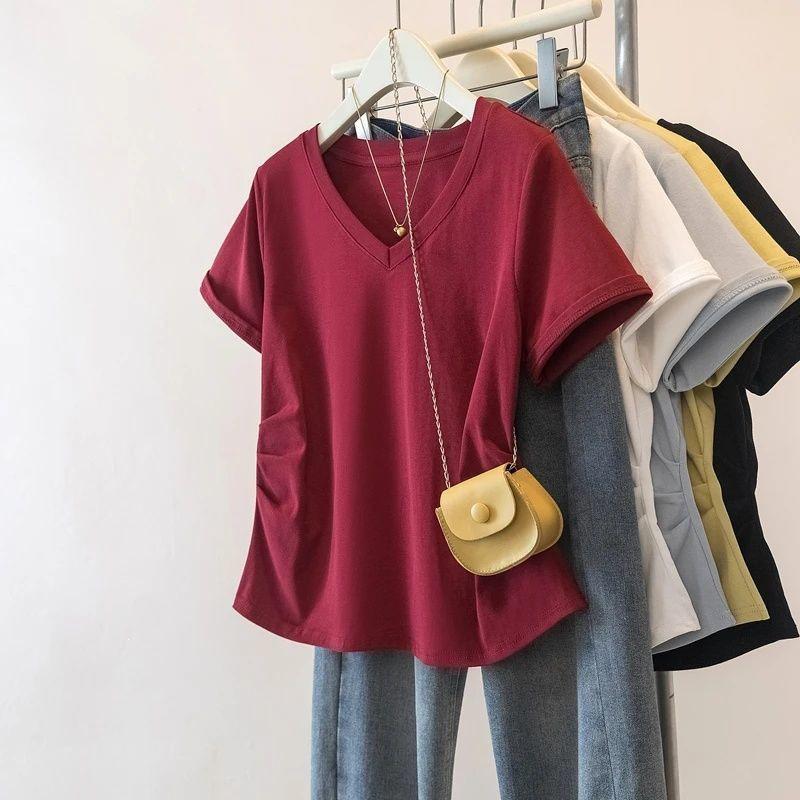

Plus Size Women s Summer 2026 V-neck Waist-Cinching Casual T-Shirt Top L [100-120 lbs] красный