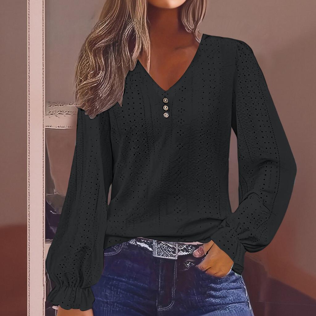 Women's V-neck T-shirt With Spring  Hollow Out Casual Pleated Sleeve Top