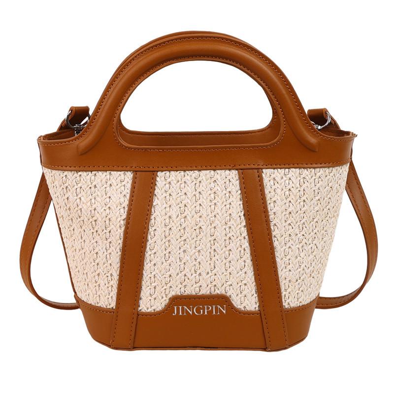 Casual fashion portable bucket bag women's summer new straw shoulder bag texture splicing messenger bag