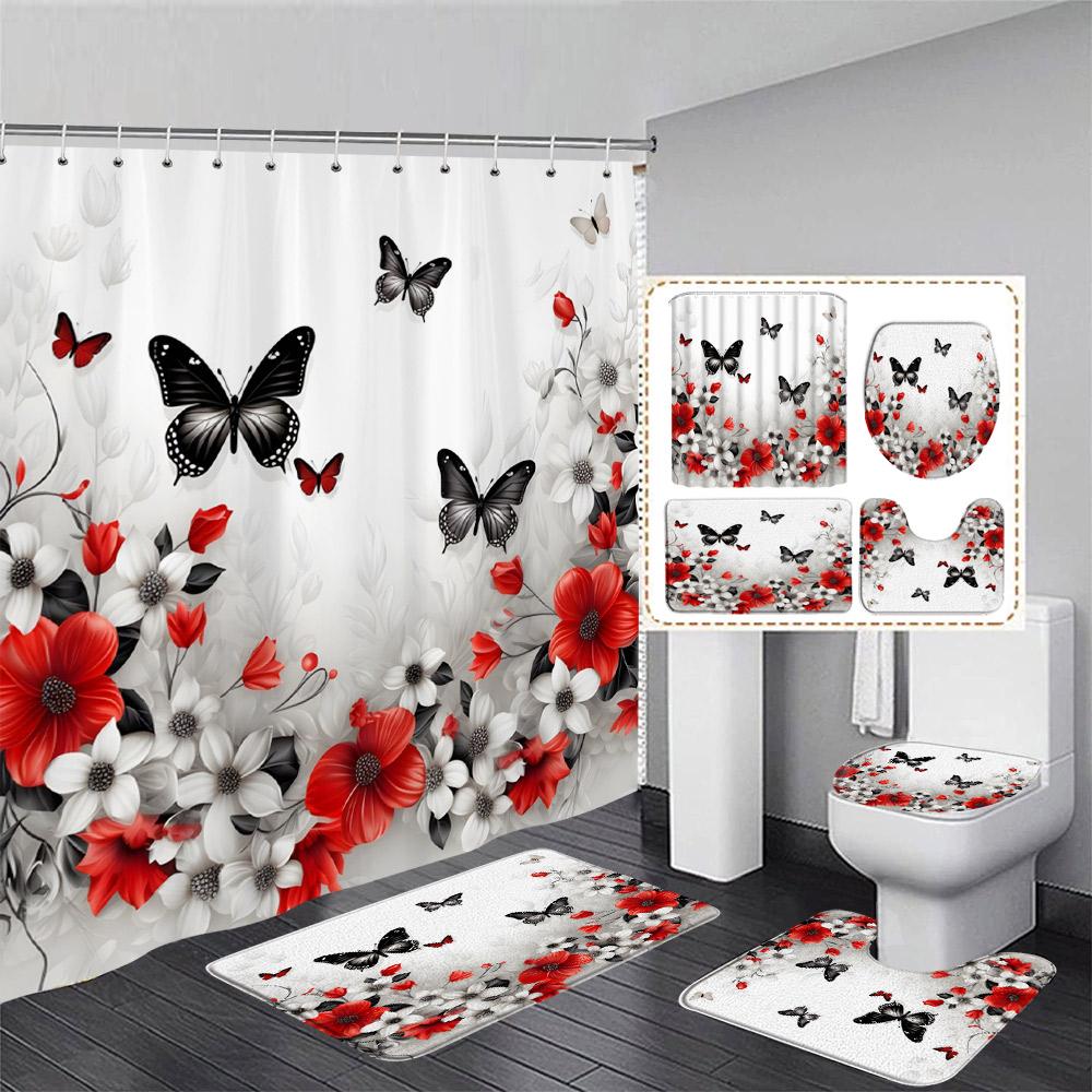 Floral Blue Butterfly Shower Curtain Set Purple Flowers Plant Butterflies Pattern Home Bathroom Decor Bath Mats Toilet Lid Cover