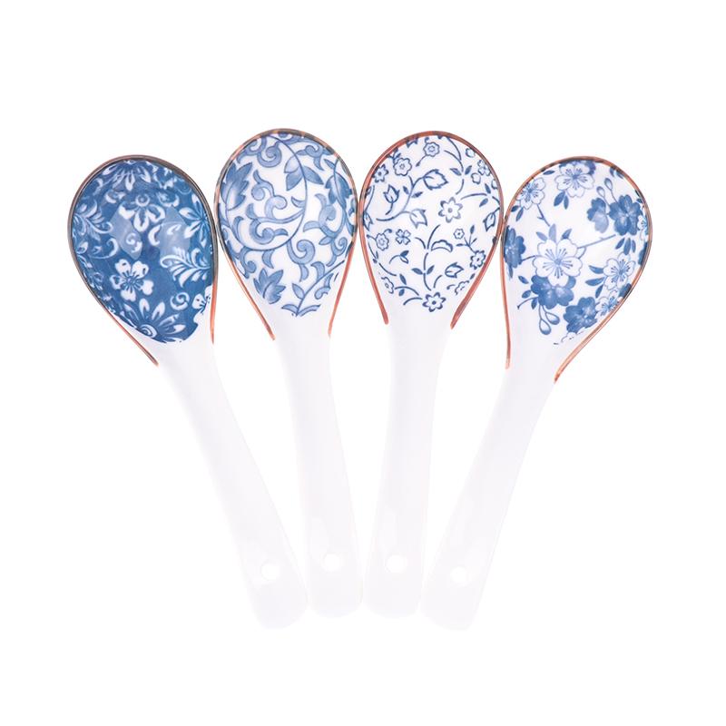 1Pc Blue And White Porcelain Soup Spoon Household Tableware Retro Japanese Style Ceramic Soup Spoons For Home Restaurant