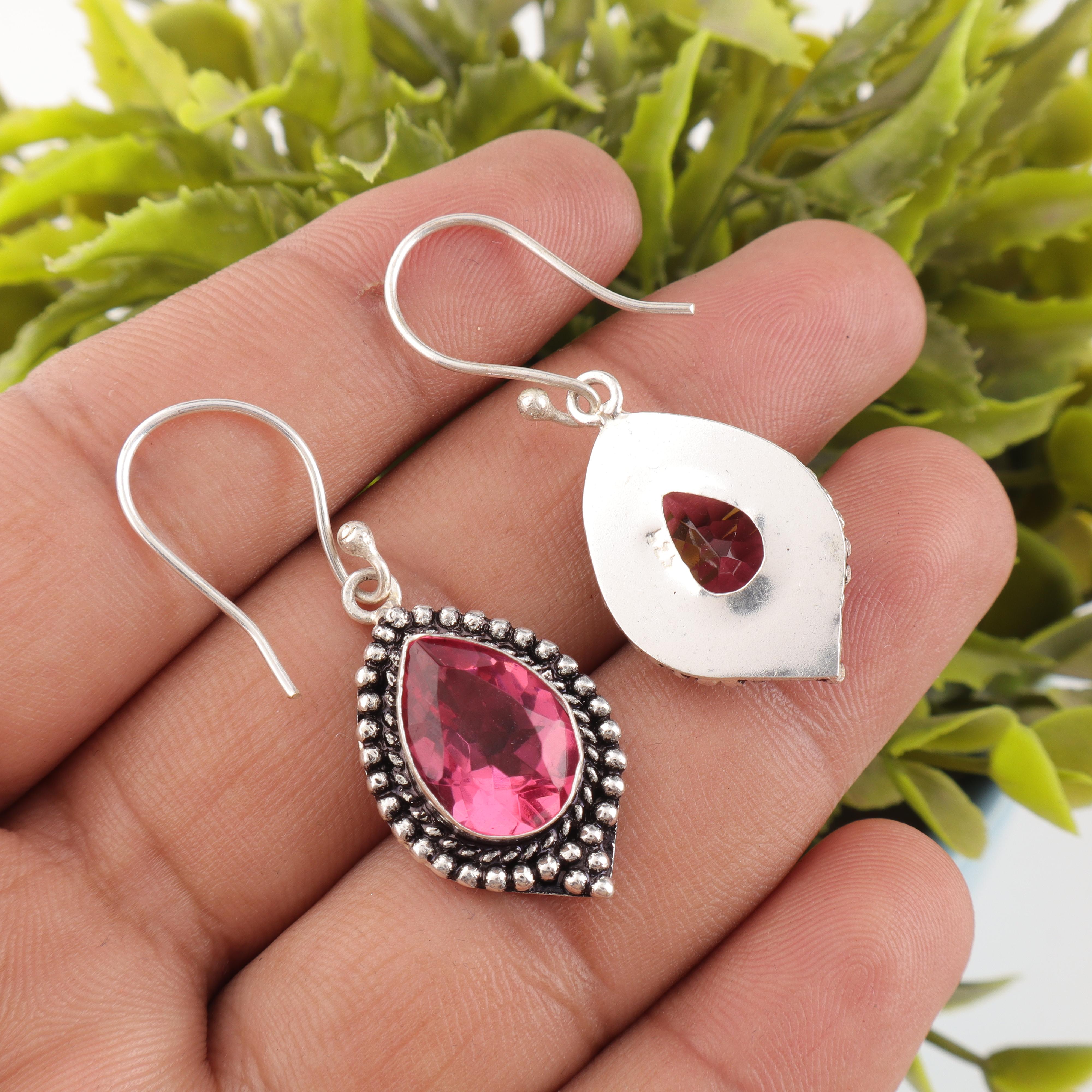 

Серьги из розового турмалина, 925 пробы, из цельного стерлингового серебра, ювелирные изделия ручной работы с драгоценными камнями, серьги для медитации, на День памяти 1.6 inches розовый