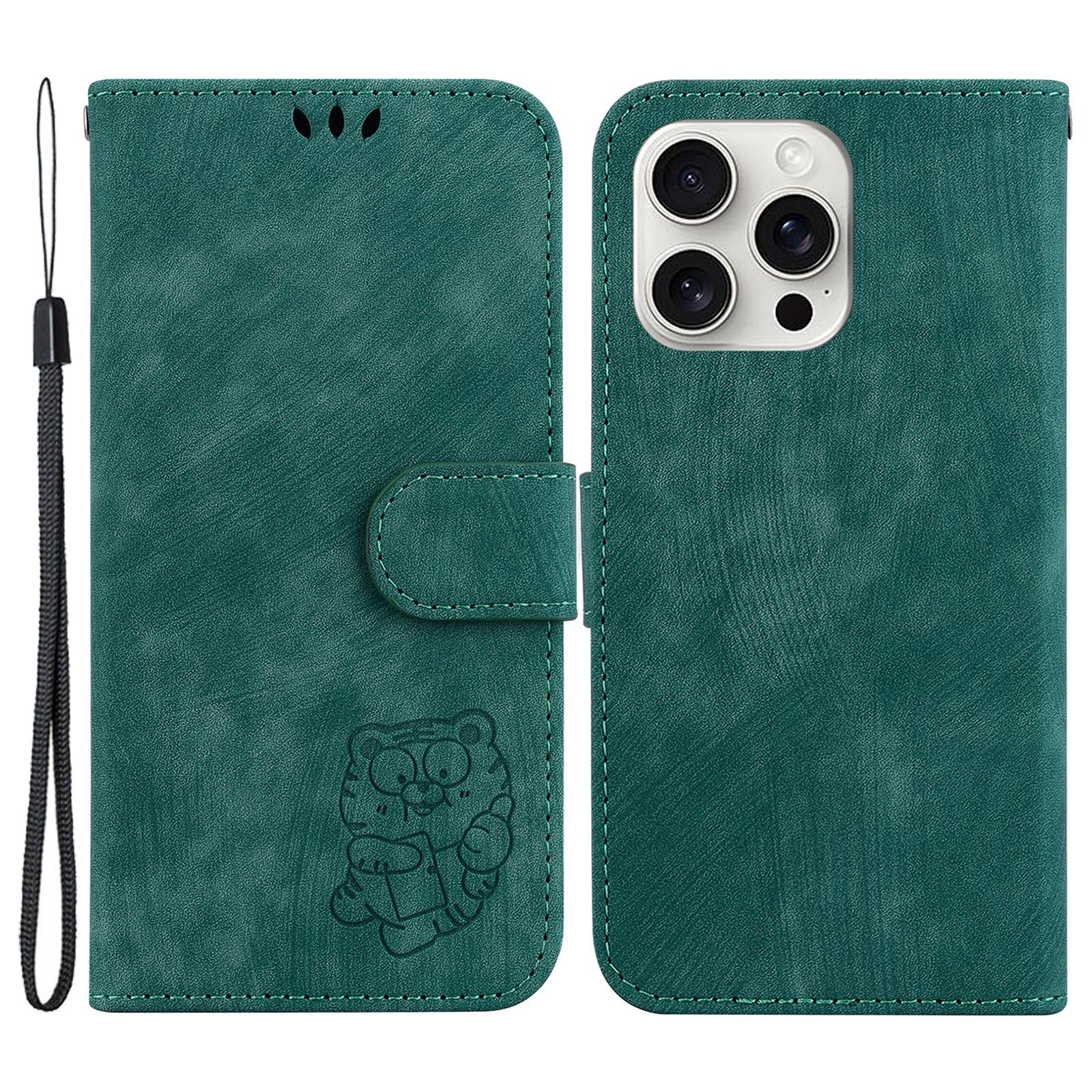 

For iPhone 16 Pro Max Stand Case Cute Tiger Imprint Leather Wallet Phone Cover Green