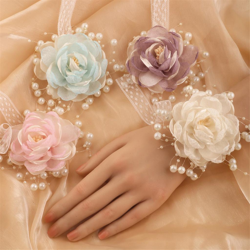 Organza Pearls Wrist Flower Decoration Wrist Corsage Lace Ribbon Wristband Jewelry For Bridal Shower Wedding Ceremony