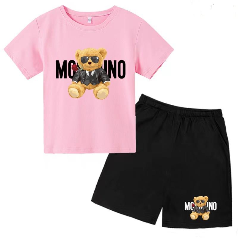 Children Summer Charming Rose Letter Bear Print T-shirt+Shorts Set Boys Girls Casual Toddler Sports First Choice Clothes