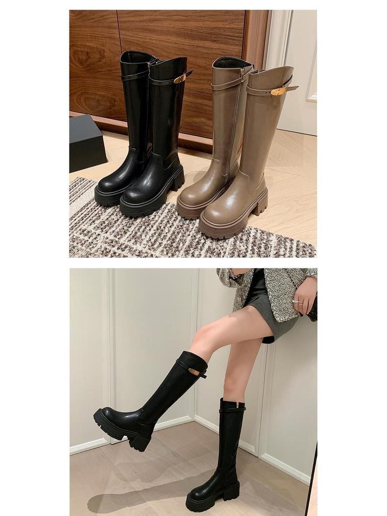 Women's Knee-High Rider Boots with Slanted Chunky Heel and Metal Buckle - Autumn/Winter 2025 Collection