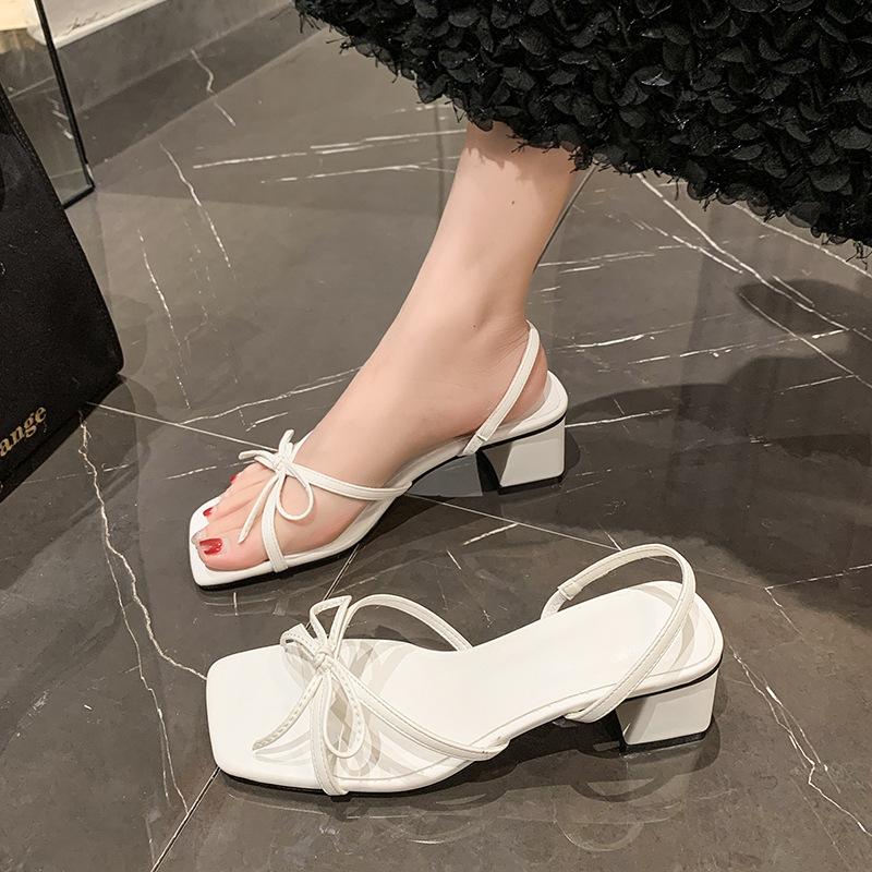 Fashion Sandals Women Square Toe Chunky Heeled Sandals Slip On Summer Women Shoes Silver White Bow zapatos para mujeres WSH5073