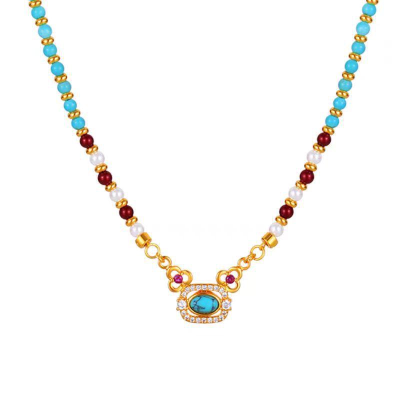 Natural Turquoise Pearl Beaded Necklace Women's Light Luxury Niche Design Collarbone Chain New Chinese Retro