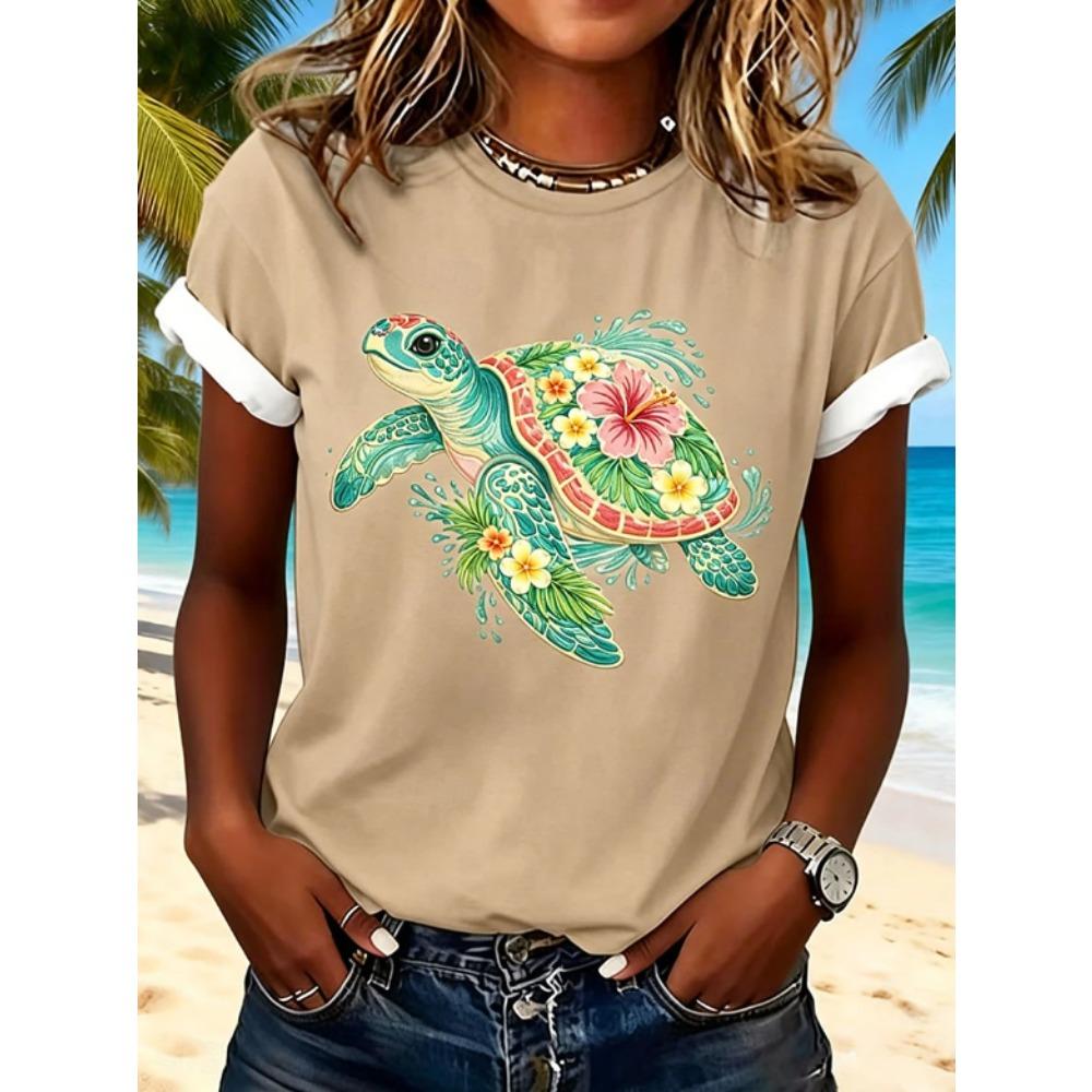 Fashion Women Retro Creative Turtle Pattern Print T Shirt Funny Casual O-neck Short Sleeves T-shirt Summer Female Tee Shirt
