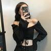 Black Sexy Drawstring Pleat Women Blouse Slash Neck Butterfly Sleeve Cropped Top Hotsweet Elastic Waist Summer Fashion Gothic