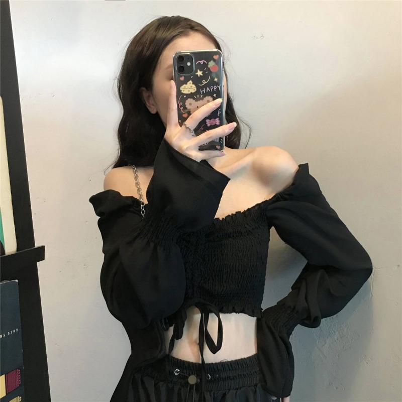 Black Sexy Drawstring Pleat Women Blouse Slash Neck Butterfly Sleeve Cropped Top Hotsweet Elastic Waist Summer Fashion Gothic