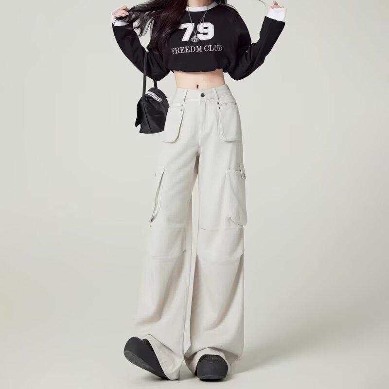 

Женские белые джинсы с высокой талией и эффектом похудения - Новый стиль 2025, свободные прямые брючины для осени/зимы 3XL абрикосовый