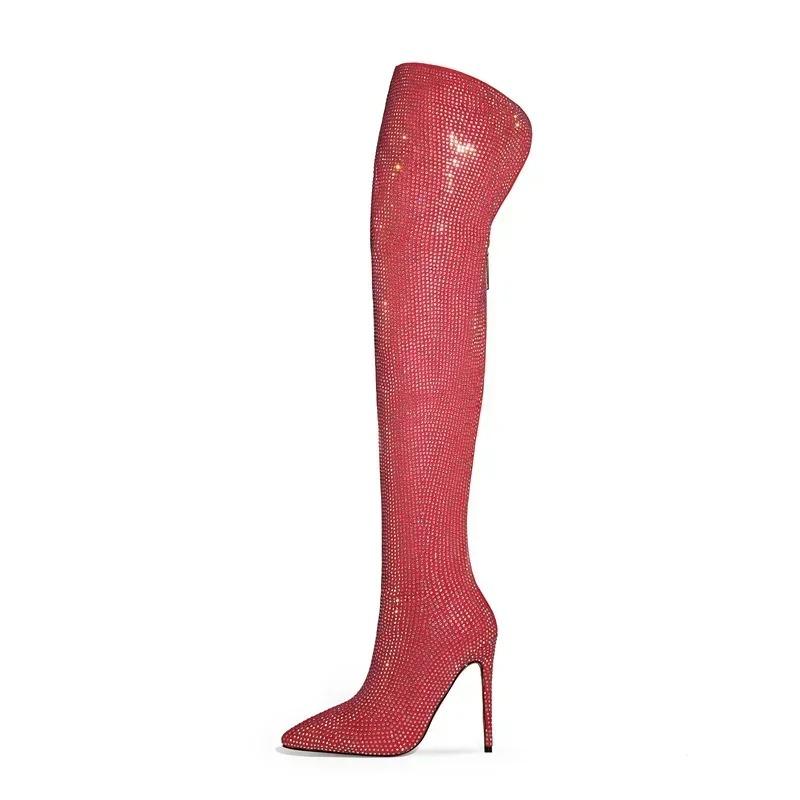 Fashion Silver Black Rhinestone 12cm High Heel Long Boots New Fashion Show Shiny Diamond Pointed Women's Over The Knee Boots Size 34-46