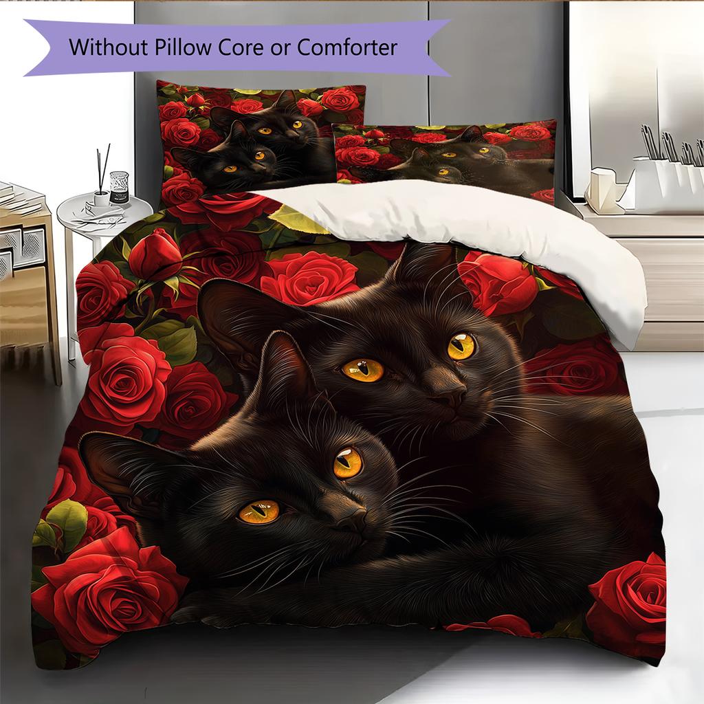 Bombay Cat and Rose Pattern Bedding Home Decoration Birthday Gift (1 * duvet cover + 2 * pillowcase, without core)
