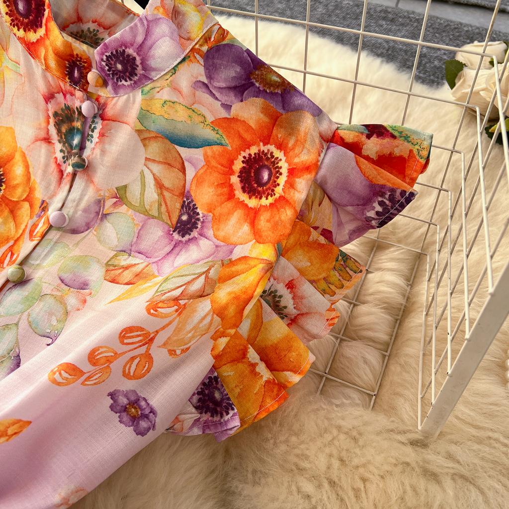 Kleid mit Blumendruck für Damen, Rüschen, fliegende Ärmel, kontrastierende einreihige Kleider, Taillenschnürkleider im Palaststil