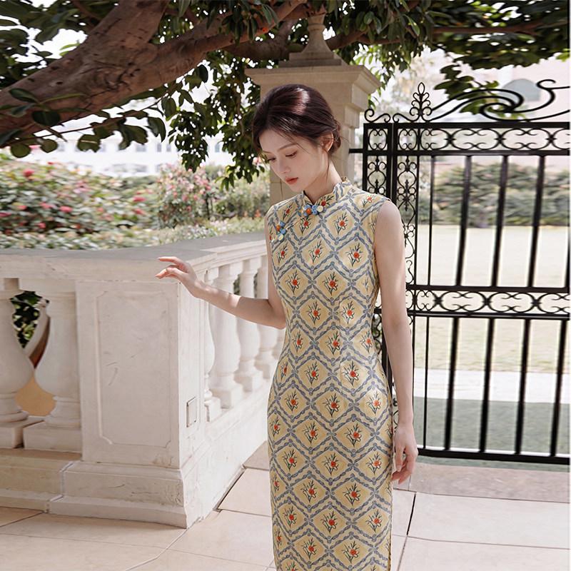 Yellow sleeveless national style new Chinese daily Suzhou long cheongsam improved young 1011 new women's high sense