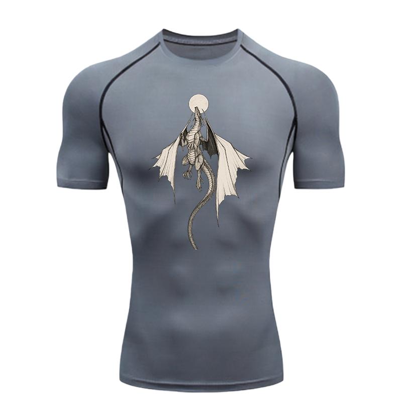 Flying Dragon and The Moon Design Men Sports T-shirt Training Fitness Compression Rashgard Tops Quick Dry Short Sleeve T-Shirt