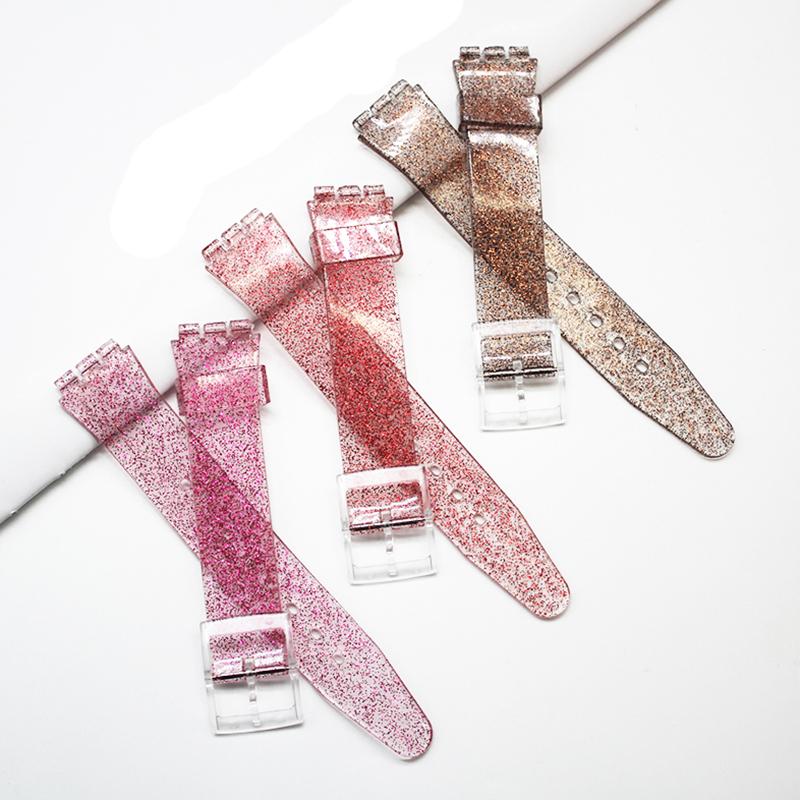 New Shiny Glitter Strap Wristband Transparent Flash for Swatch SUOB704 Silicone Rubber Watchband Waterproof Bracelet 17mm 19mm