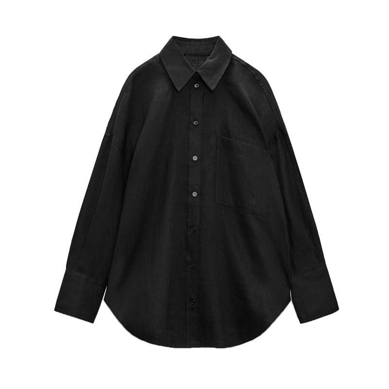 Za Spring/Summer New Style White Sun Protection Shirt Lapel Loose Breasted Single Pocket Linen Shirt 8372036