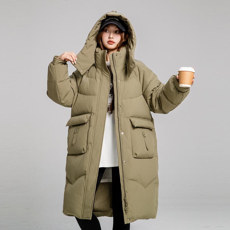 2025 winter new mid-length down padded jacket large size loose Korean over-the-knee padded jacket women's detachable hat