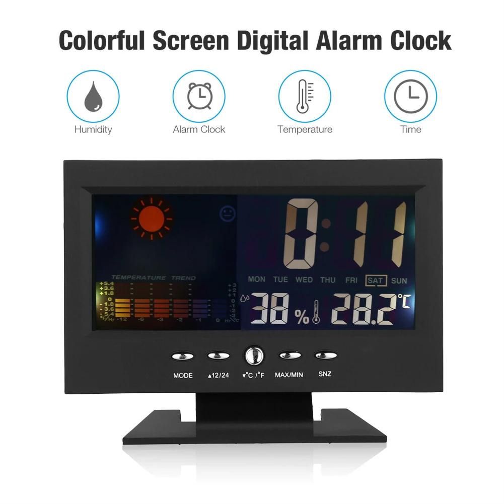 Réveil Avec Grand Écran Tactile Couleur à Commande Vocale, Câble USB, Test d'Humidité, Station Météorologique 5-en-1 Pour Chambre à Coucher, Salon